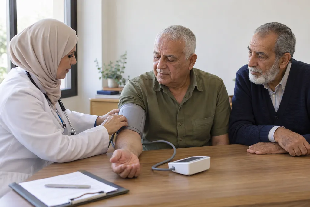 صورة توضيحية لطبيبة تقيس ضغط الدم لزائر من كبار السن قبل بدء البرنامج، وبجانبه أحد مرافقيه.