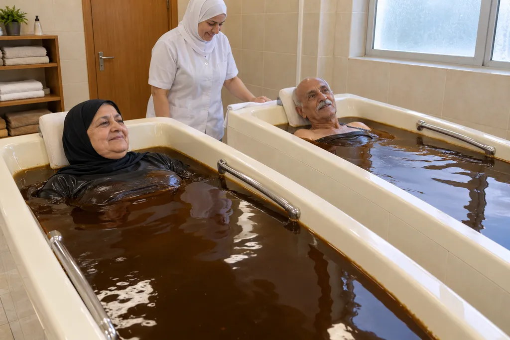 صورة توضيحية لزائرة وزائر من كبار السن في حوضين مخصّصين لحمّامات زيت نفطلان، تتابعهما ممرّضة.