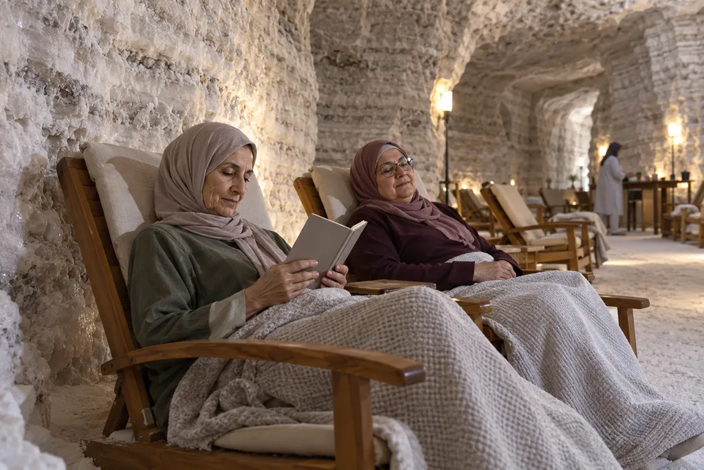 صورة توضيحية: زائرتان تستريحان على كرسيين بين جدران الملح في كهف مضاء