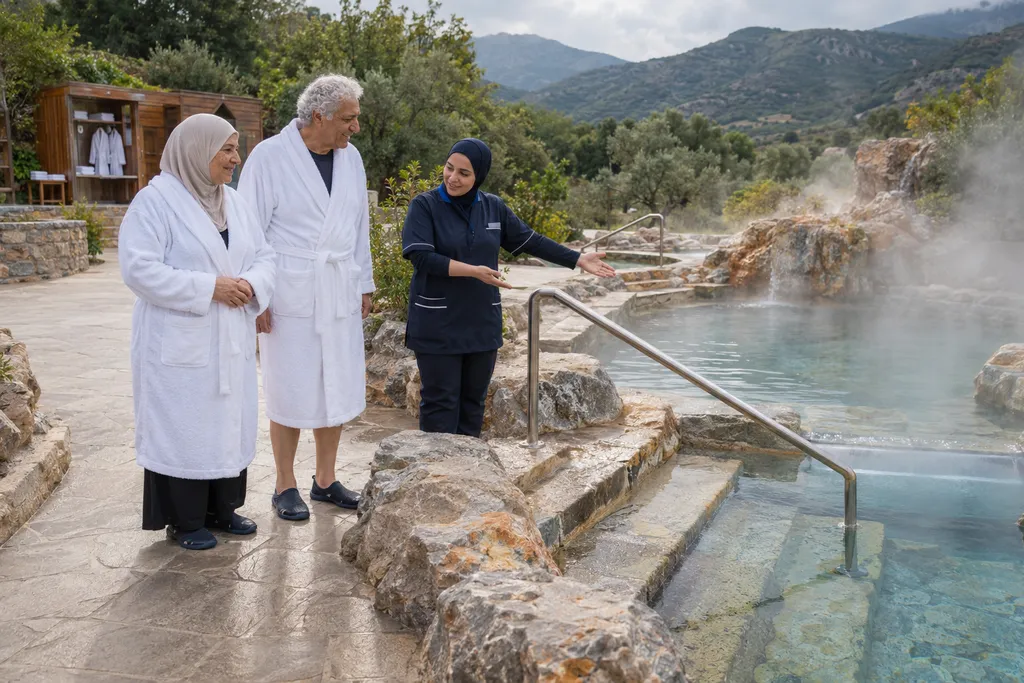 صورة توضيحية: زائران بروبَي الحمّام مع مرشدة عند درج بركة مياه حارة طبيعية