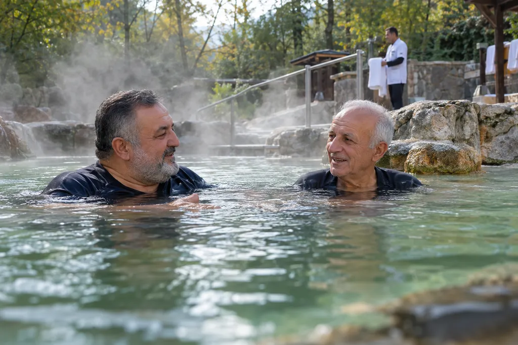 İllüstrativ şəkil: iki yaşlı kişi ağaclar arasında buxarlanan təbii termal hovuzda