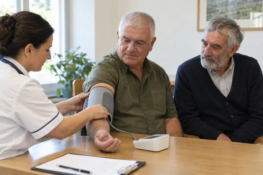 Illustrative image: a doctor measuring an older visitor's blood pressure before the programme, his companion beside him