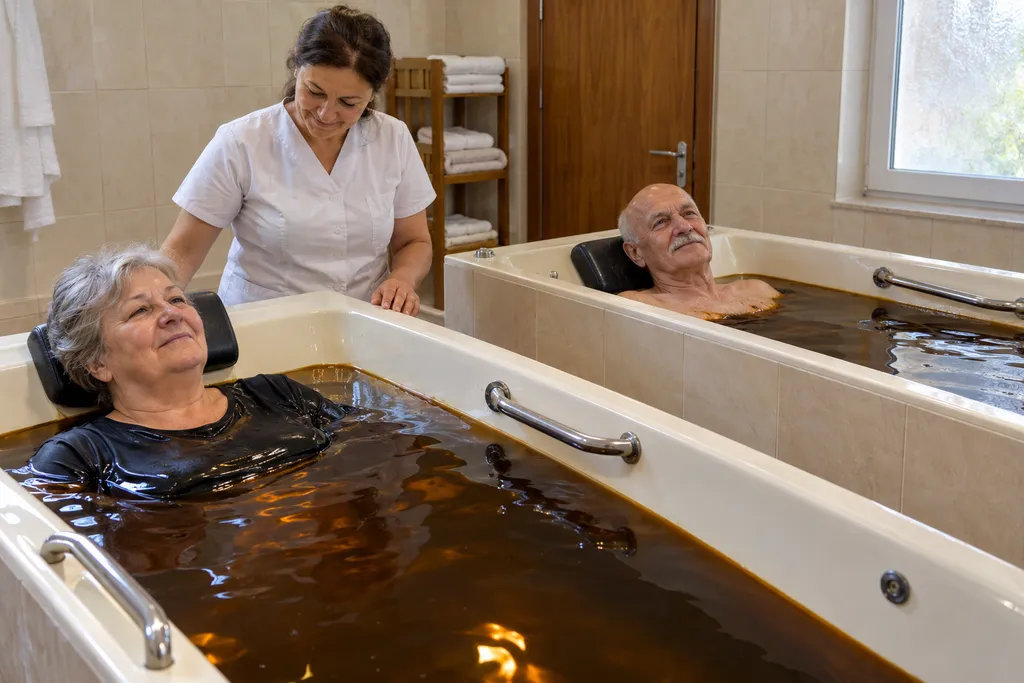 Illustrative image: two older visitors in naftalan oil treatment baths, with a nurse attending