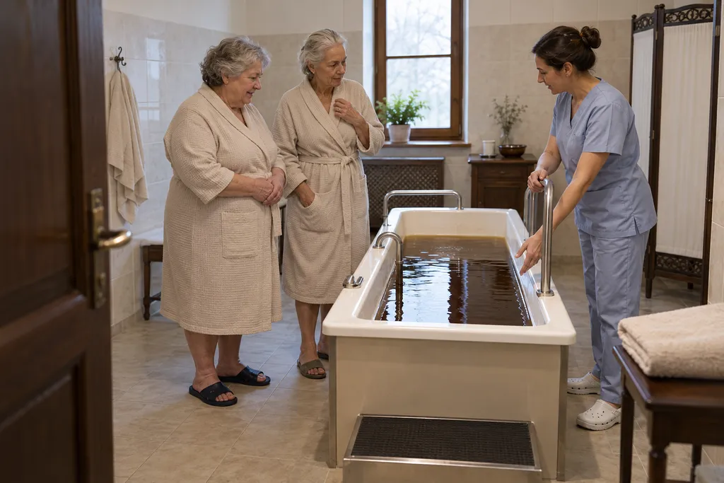 Illustrative image: two visitors in bathrobes listening to a nurse beside a prepared oil treatment bath