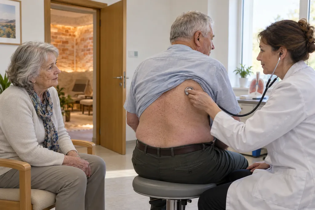 Illustrative image: a doctor listening to an older visitor's chest, his wife beside him