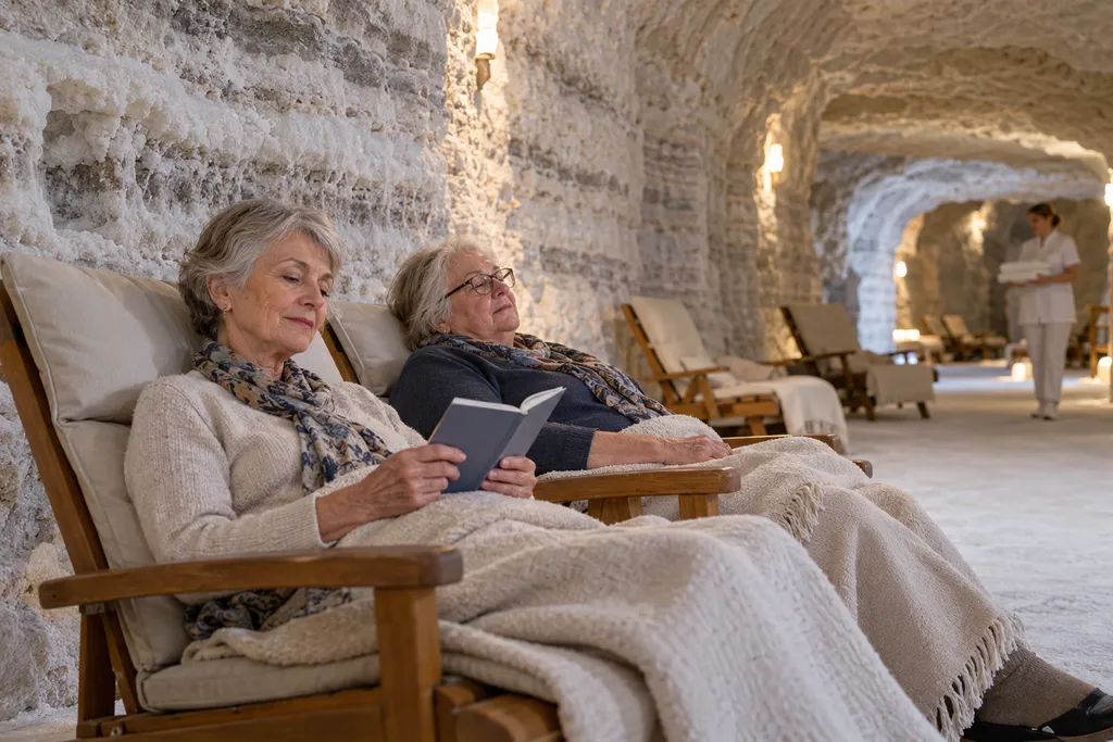 Illustrative image: two visitors resting on loungers between the salt walls of a lit cave