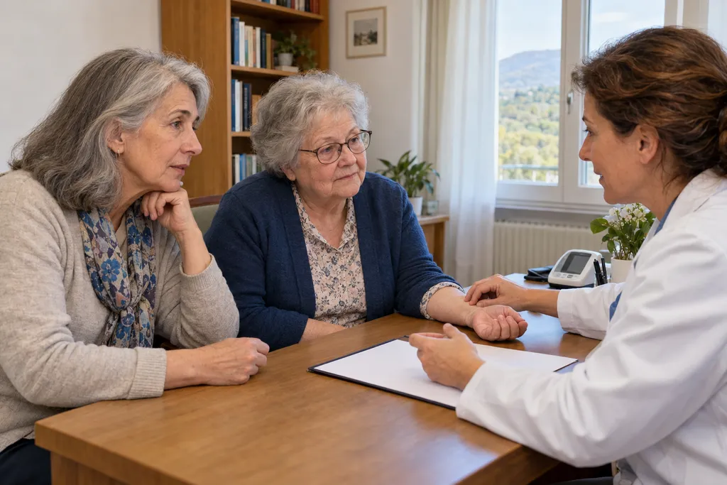 Illustrative image: a doctor talking with two older women in a consultation room