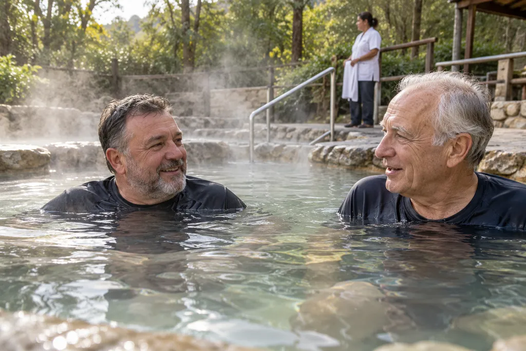 Illustrative image: two older men in a steaming natural thermal pool among trees