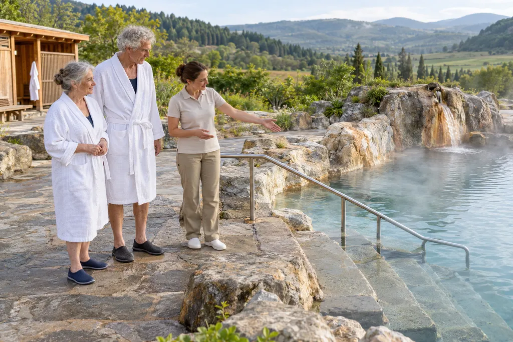 Illustrative image: two visitors in bathrobes with a guide at the steps of a natural thermal pool